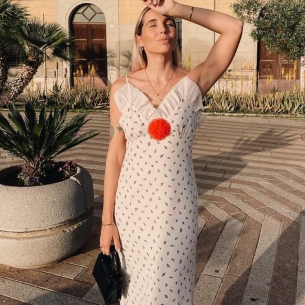 Sister Jane Reel Rose Cami Midi Dress Ruffle Neckline Cream Red Floral Print - Picture 5 of 12